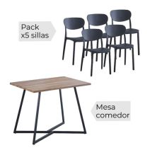 Conjunto Mesa y Sillas Comedor/Cocina: Mesa madera y Patas Metálicas En Negro (76x100x70 Cm) + 5 Sillas (80x40x55 Cm)