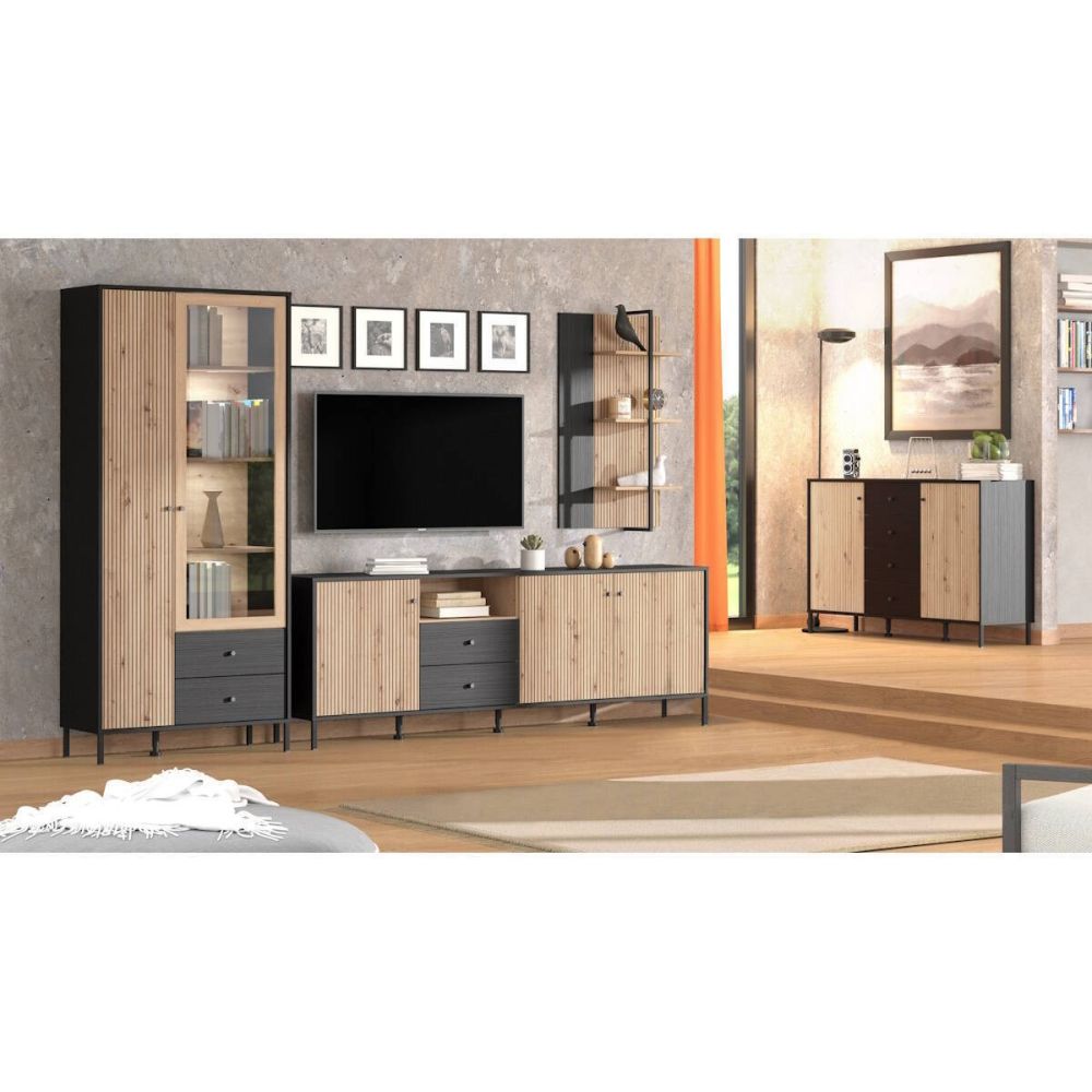 Aparador de Estilo Artisan Negro con 2 Puertas y 4 Cajones - Medidas 157x40x92,5 cm