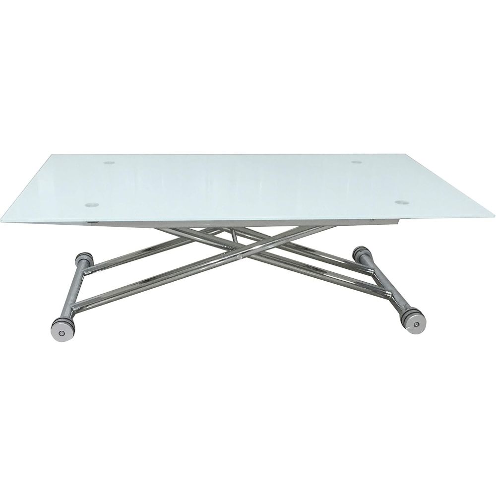 Mesa de Centro Elevable, Cristal de 8 mm y Estructura con Ruedas - Tapa Color Blanco, Mueble Moderno - Medidas 120x70x40-75 cm