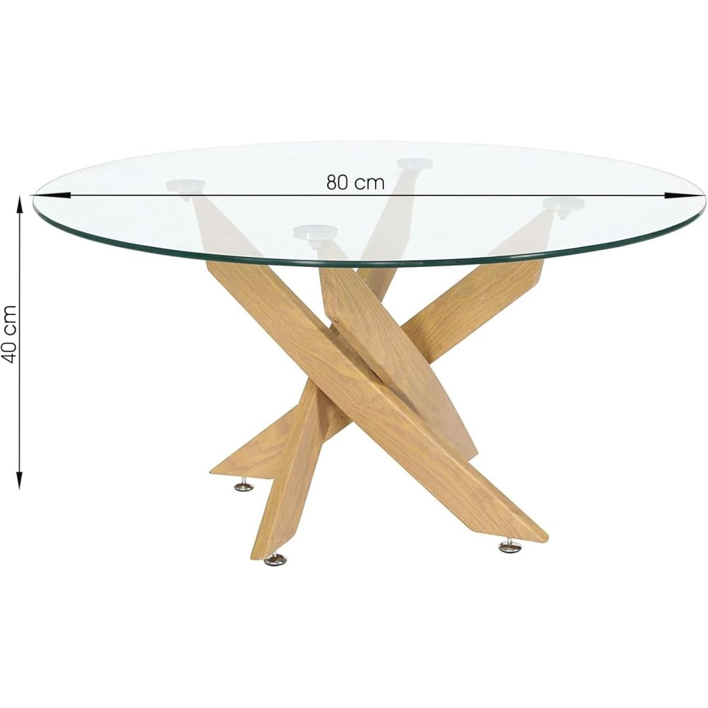Mesa de Centro Redonda con Tapa de Cristal 8 mm y Patas Metálicas en Acabado Madera - Medidas 80x40 cm