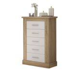 Cómoda, Sinfonier 5 Cajones, Acabado en Blanco y Cambrian, Medidas: 66 cm (Ancho) x 107 cm (Alto) x 39,6 cm de (Fondo)