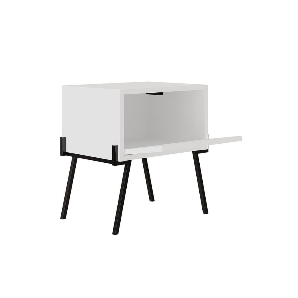 Mesita de noche con 1 cajón Color Blanco y Negro Abatible-48x34x51cm - Diseño moderno